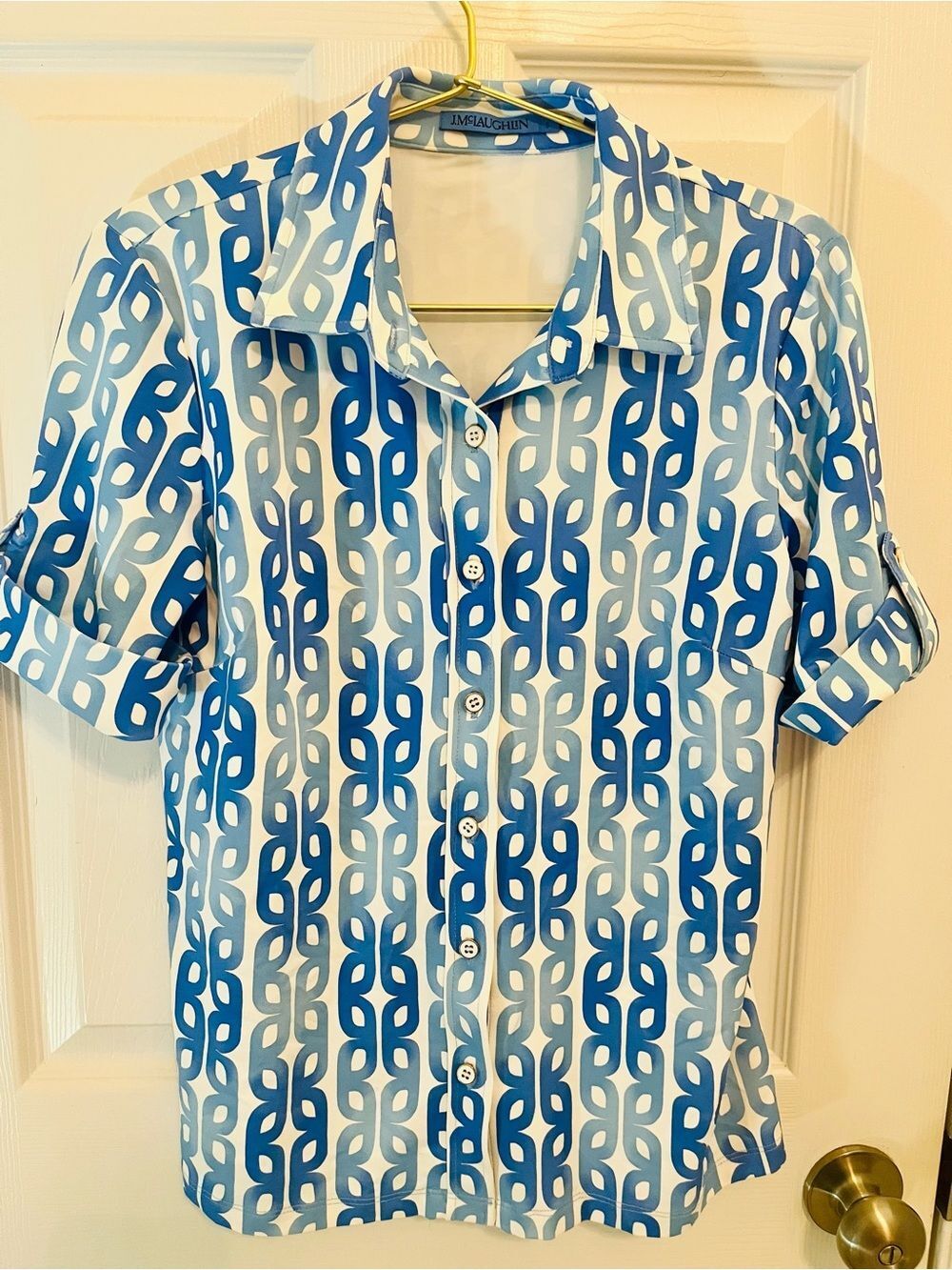 J.McLaughlin Blue & White Geometric Print Button Front Blouse - Picture 5 of 12